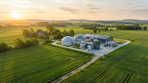 Nowoczesna biogazownia rolnicza o wschodzie słońca